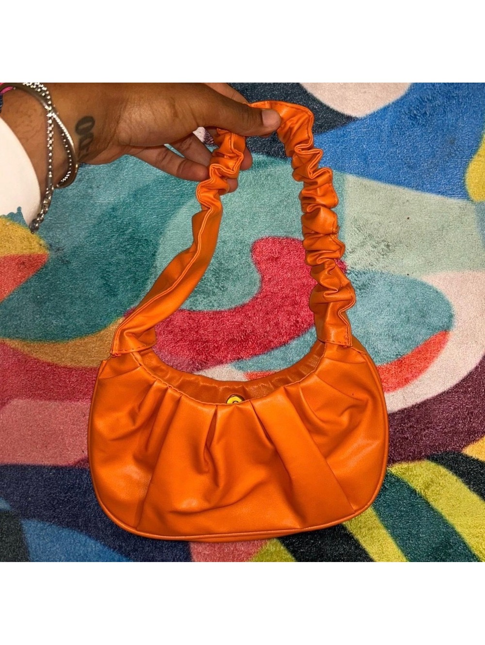 Orange Ruched Shoulder Bag with Magnetic Snap Closure